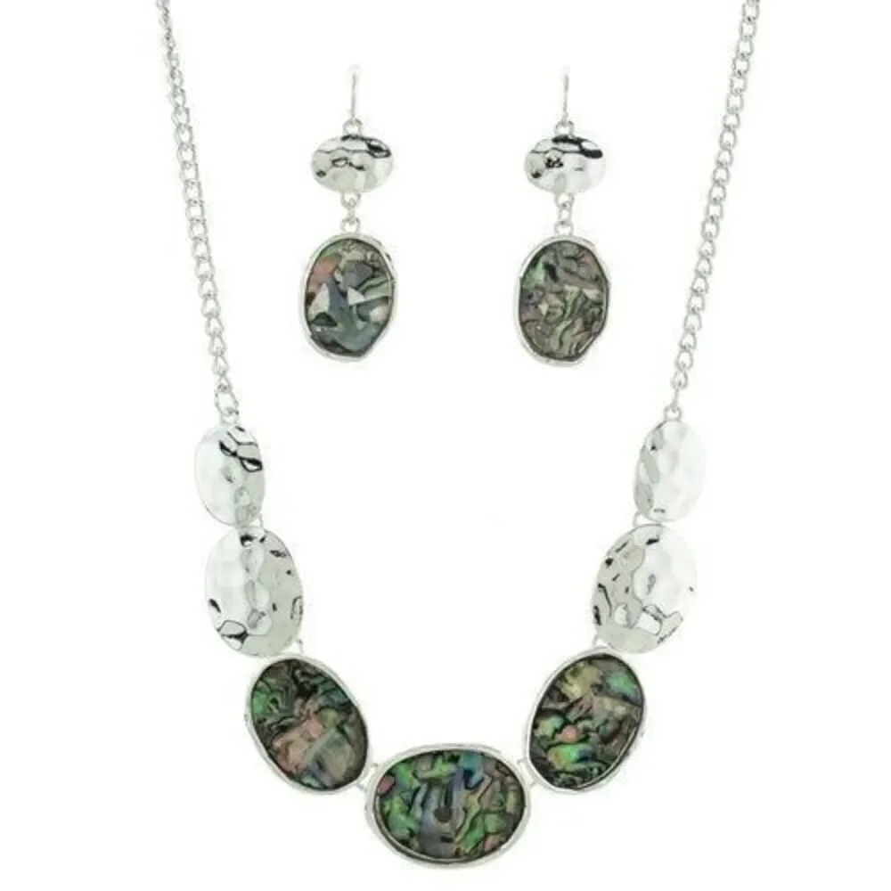 Silver Oval Abalone Gemstone Necklace & Earring Set